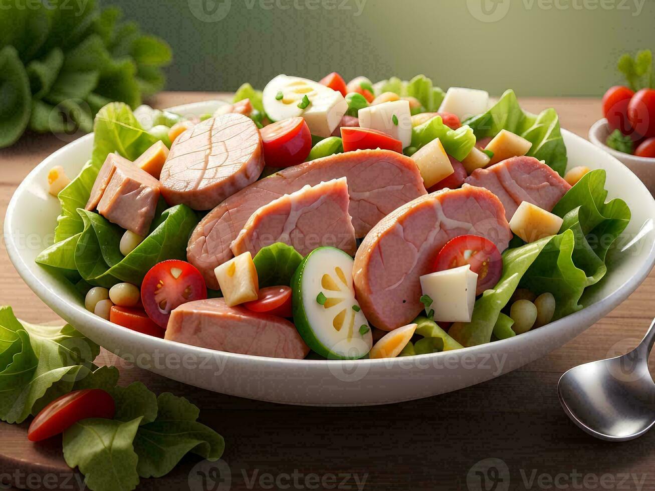 ai generativ sallad med kött och grönsaker foto