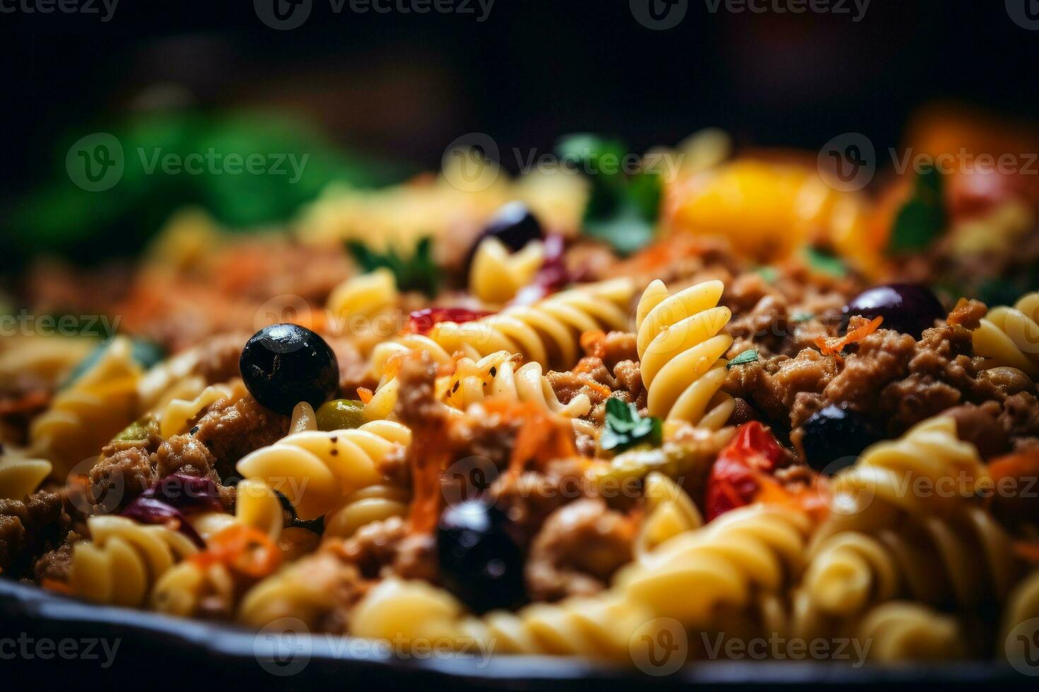 pasta kött grönsaker måltid. generera ai foto