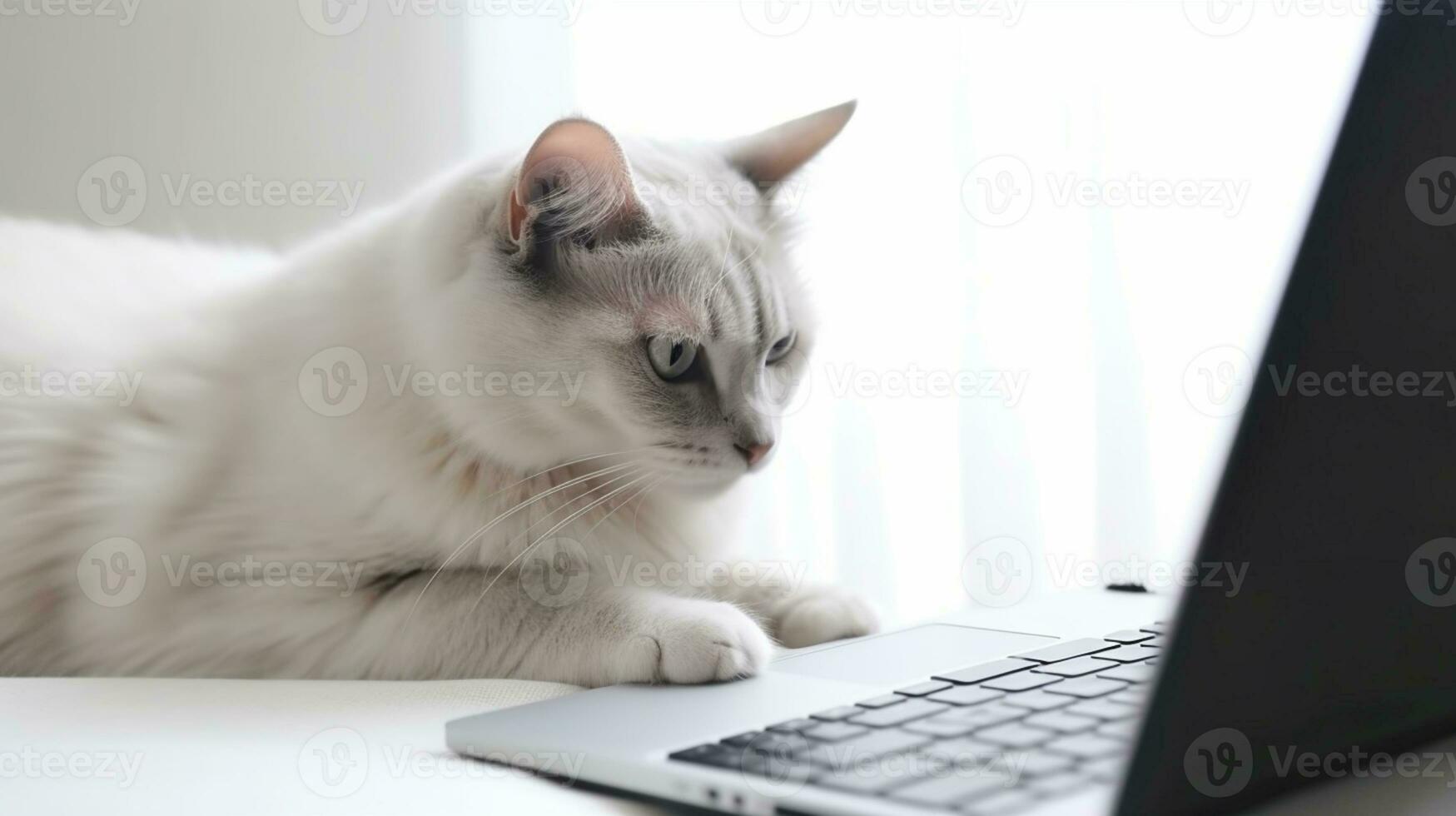 närbild av en katt och en bärbar dator på en vit bakgrund. kopia Plats. ai genererad foto