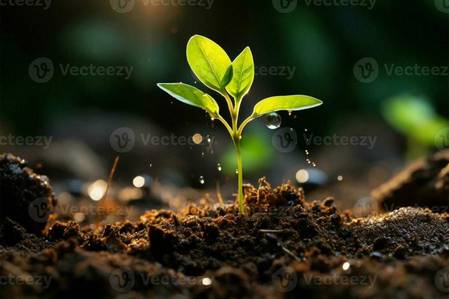 närbild, jord omfamnar ung växt, naturer löfte av tillväxt och vitalitet ai genererad foto