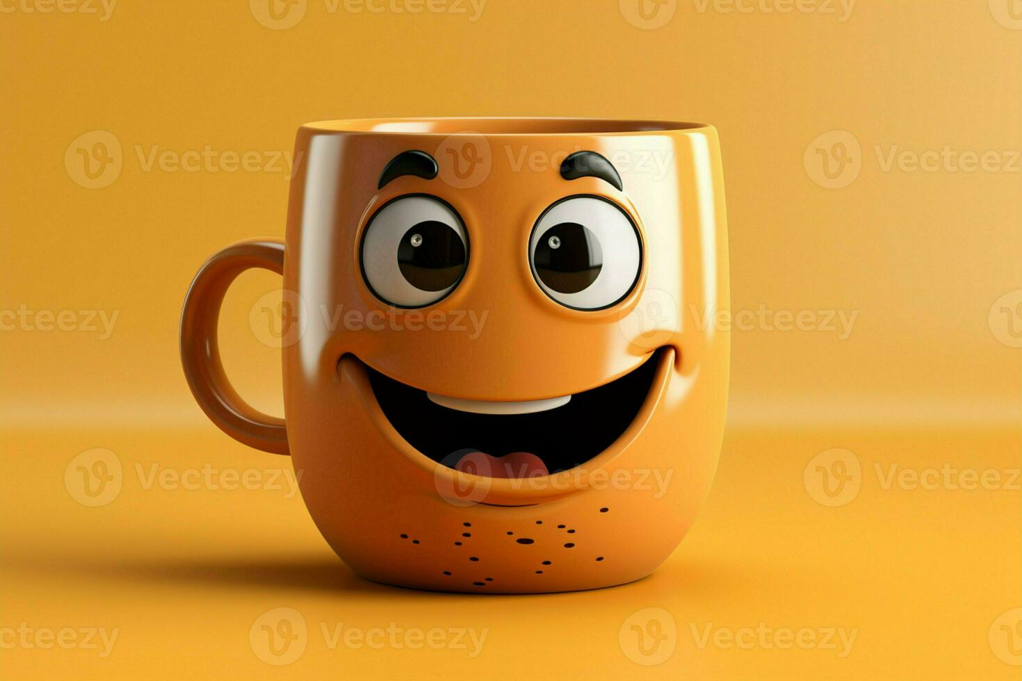 glad kaffe kopp karaktär flinande, uppsättning på gul bakgrund riklig kopia område ai genererad foto