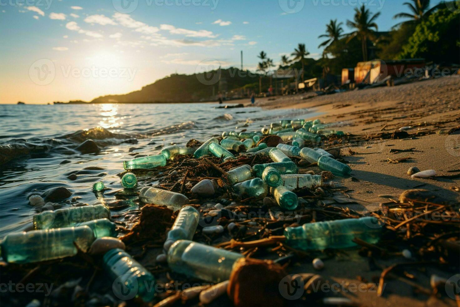 kust fördärvad förbi kasseras plast och skräp, symboliserande hemskt strand förorening konsekvenser ai genererad foto