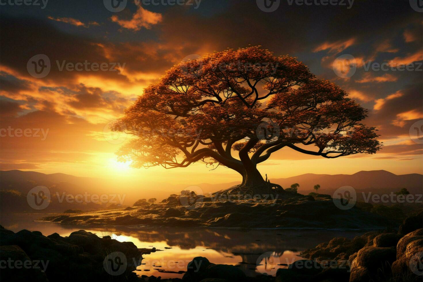 gyllene vakt Sol kysste träd silhuett står mitt i strålnings solstråle bakgrund ai genererad foto