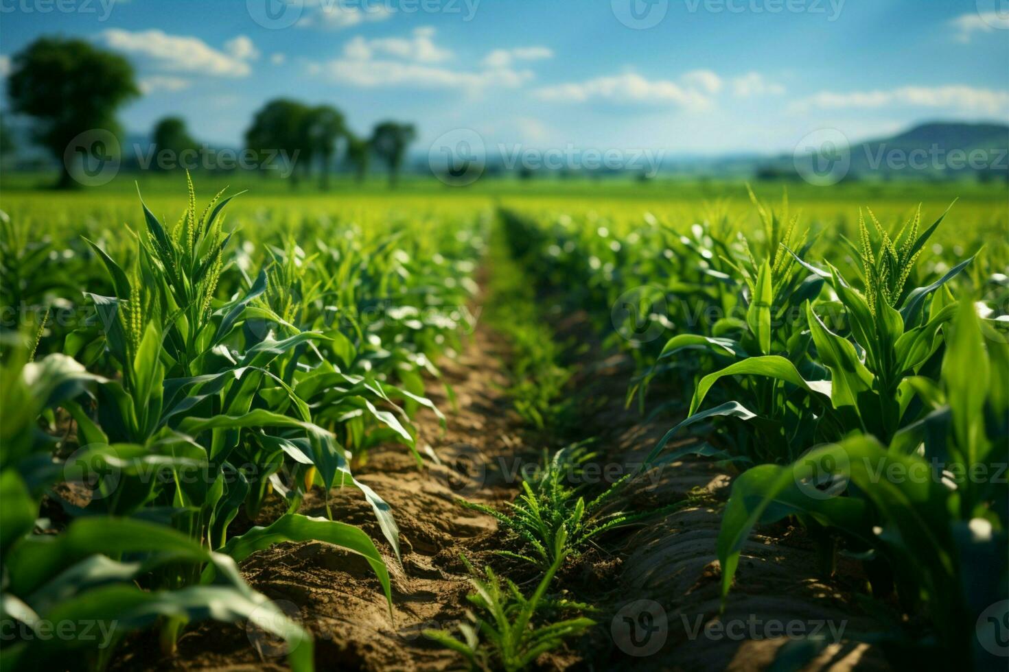 groning majs rader privat fält, frodig grön rader nåd jordbruks landskap ai genererad foto
