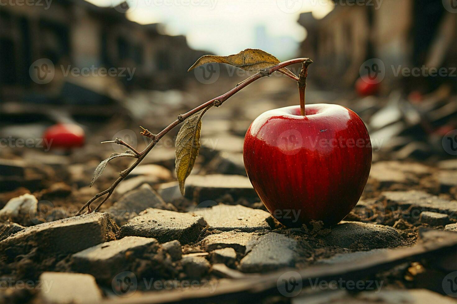 äpple vilar på torr jord, symboliserar hunger, vatten brist, och jordbruks utmaningar ai genererad foto