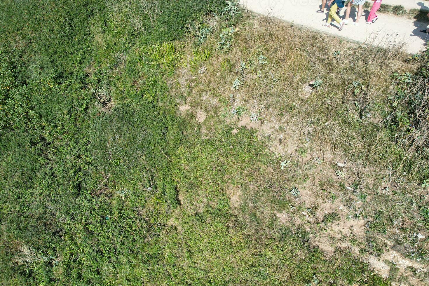 hög vinkel se av människor är närmar sig till durdle dörr strand som är mest känd turist attraktion plats genom gående distans över landskap och kullar. fångad på september 9:e, 2023 foto