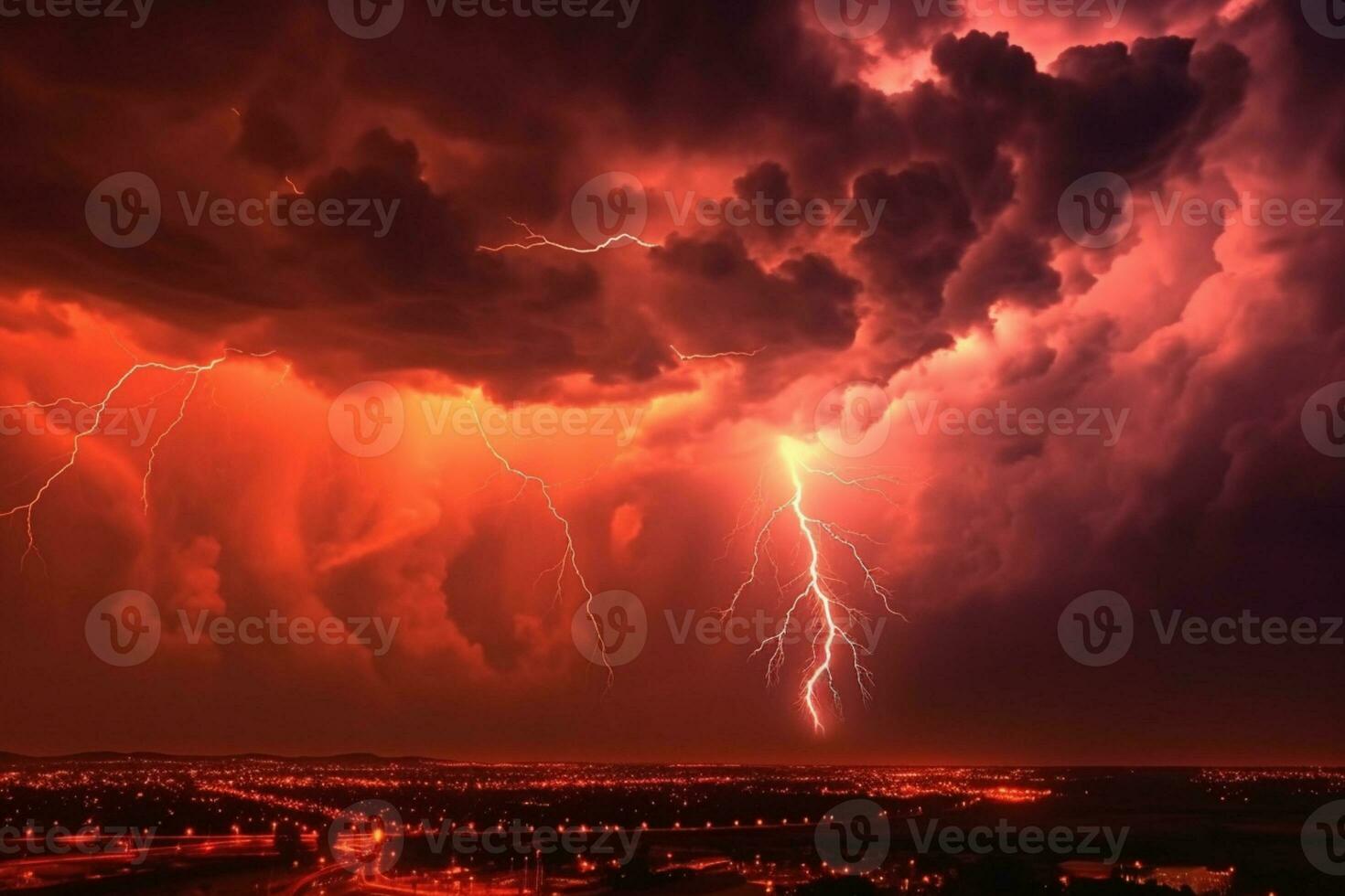 olycksbådande röd himmel upplyst förbi våldsam blixt- strejker. ai genererad foto