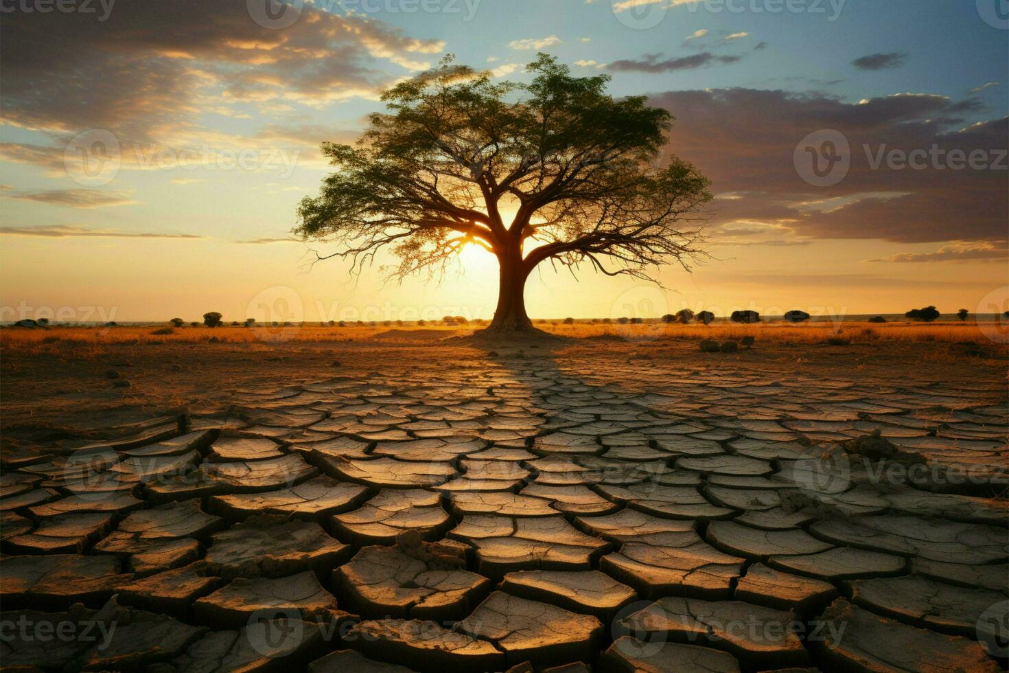 ikoniska träd på knäckt jord förkroppsligar klimat kris, global uppvärmningen inducerad vatten brist ai genererad foto