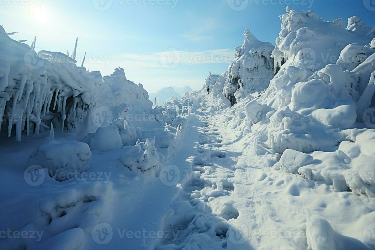 skalning snöig höjder fotspår mark sluttning klättra i isig, pittoresk miljö ai genererad foto