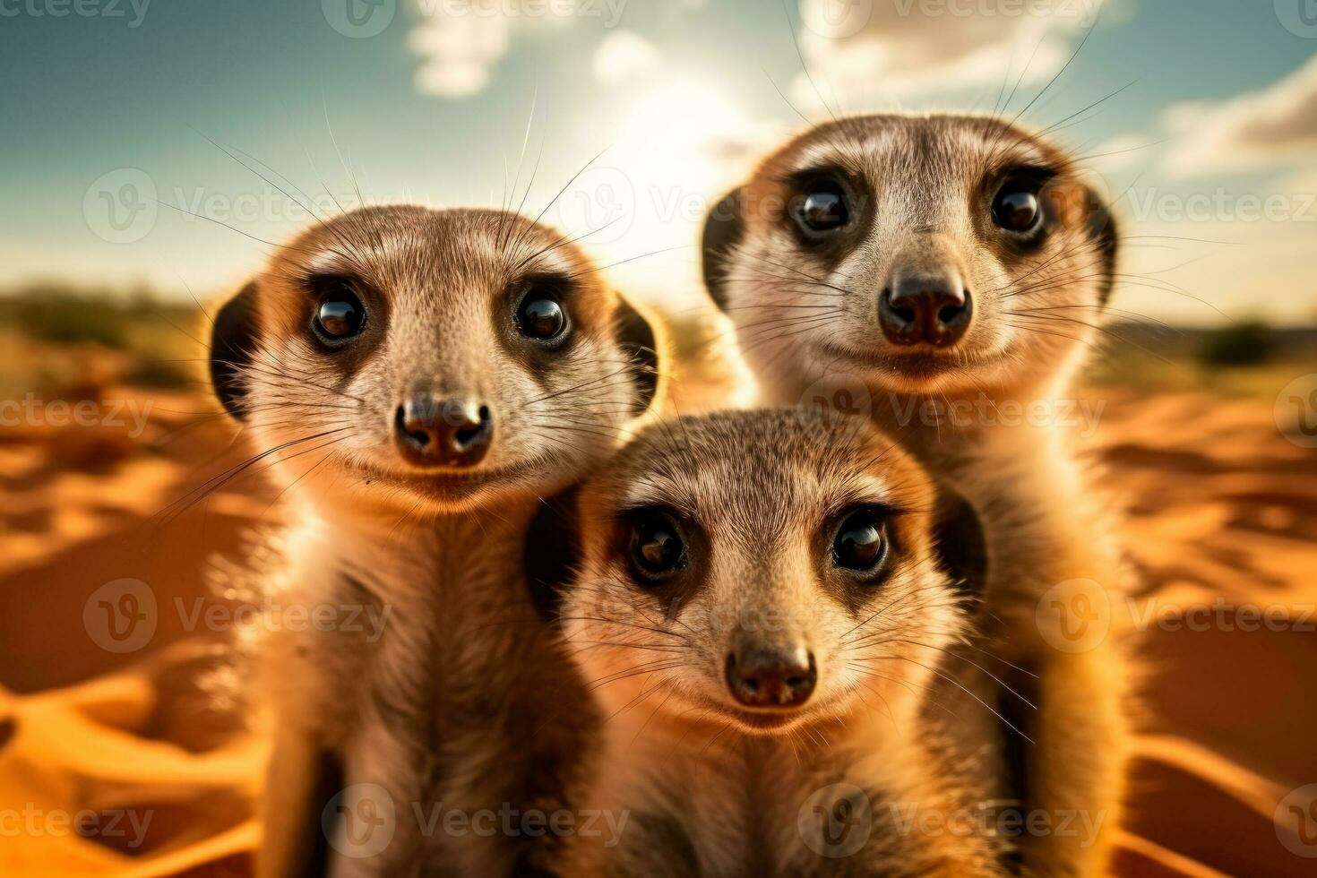 en närbild av en meerkat familj lekfullt grävning i de öken- sand med en rymlig bakgrund för text foto