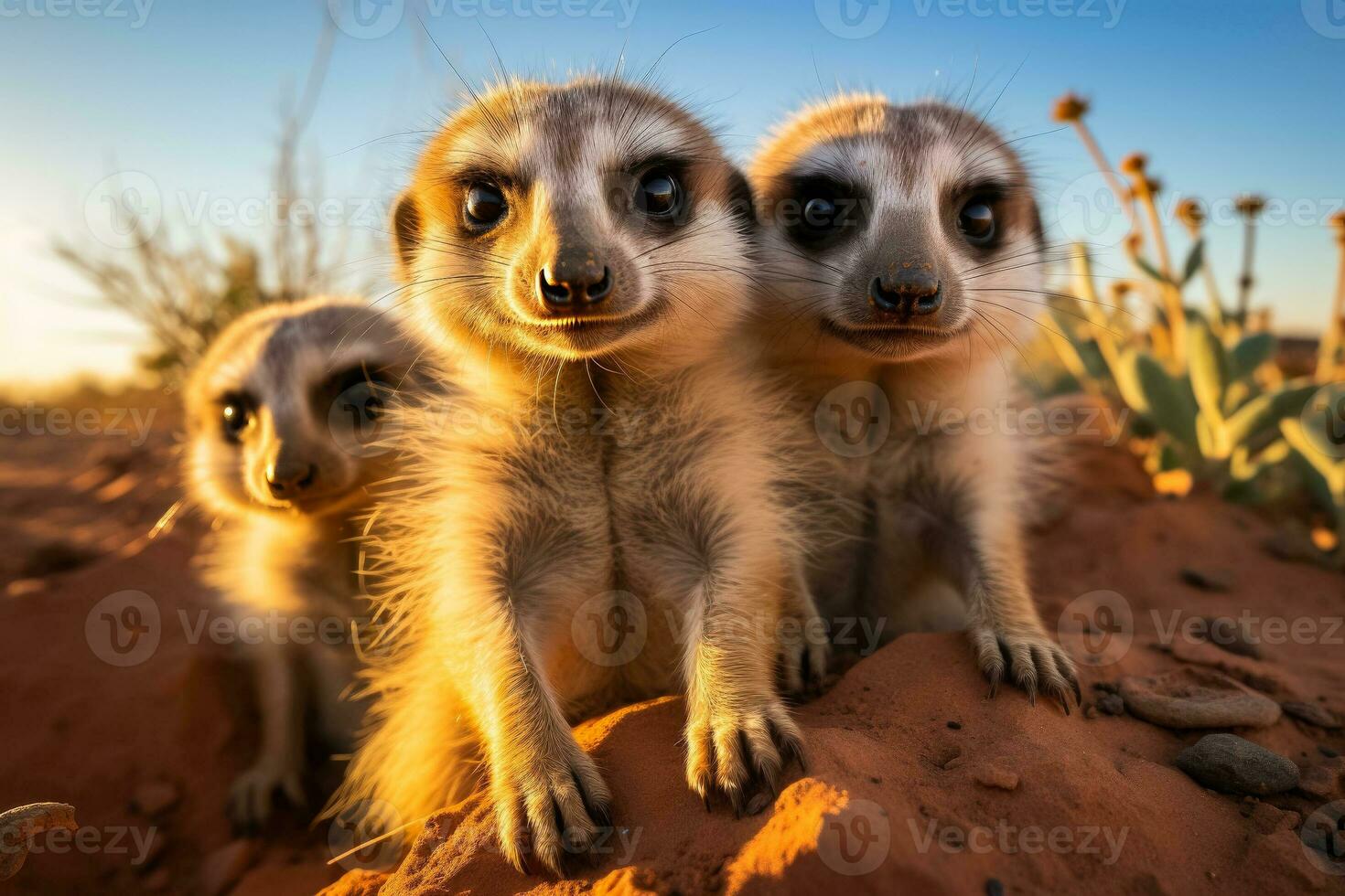 en lekfull meerkat familj utforskar deras öken- miljö avtäckande dold skatter med nyfikenhet och gränslös energi foto