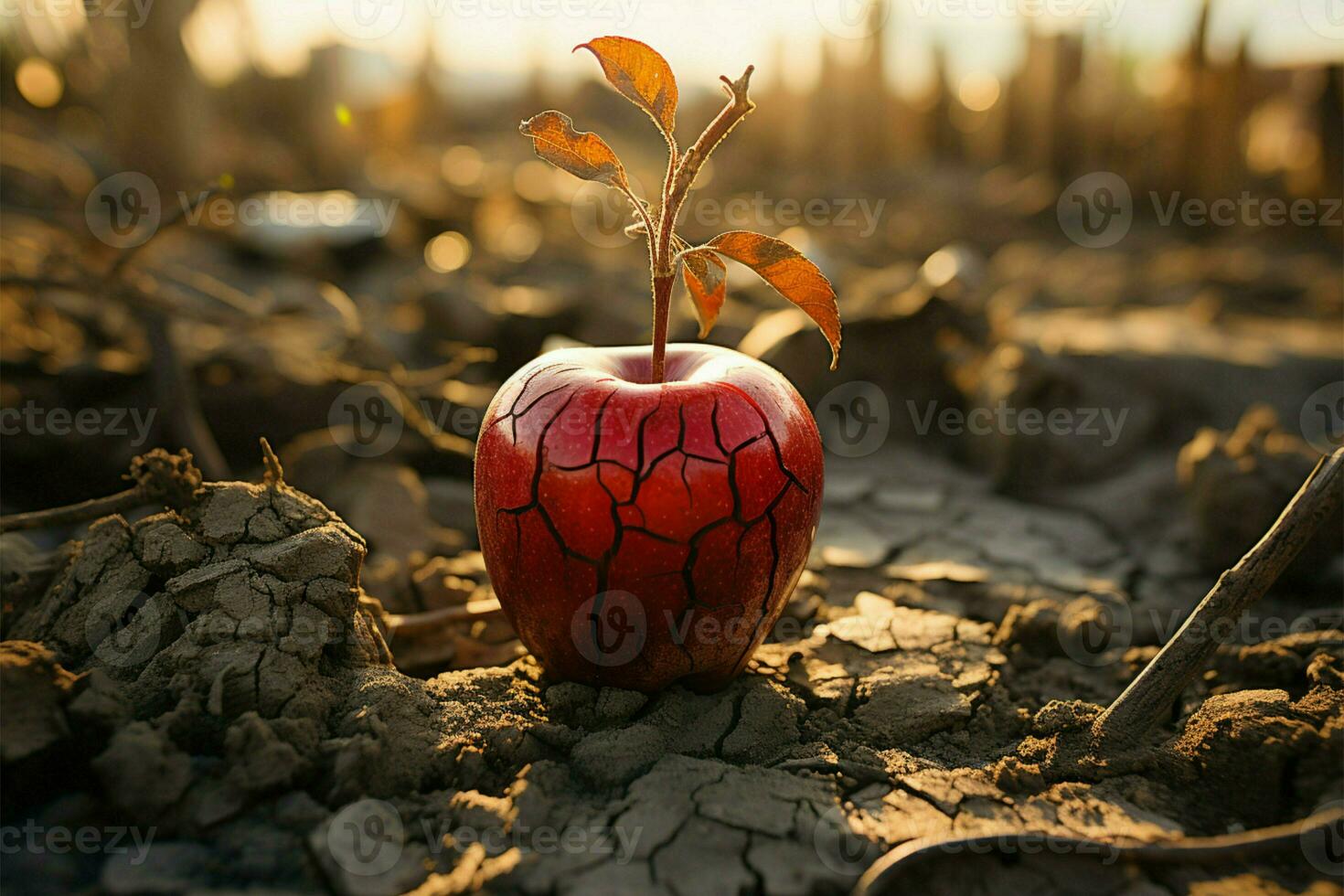 torkades ut jord värdar äpple, representerar hunger, vatten brist, och jordbruks ångest ai genererad foto