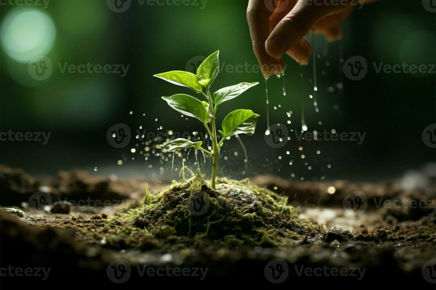 cykel av natur hand strössel jord på grön bokeh, plantering eller minne begrepp ai genererad foto