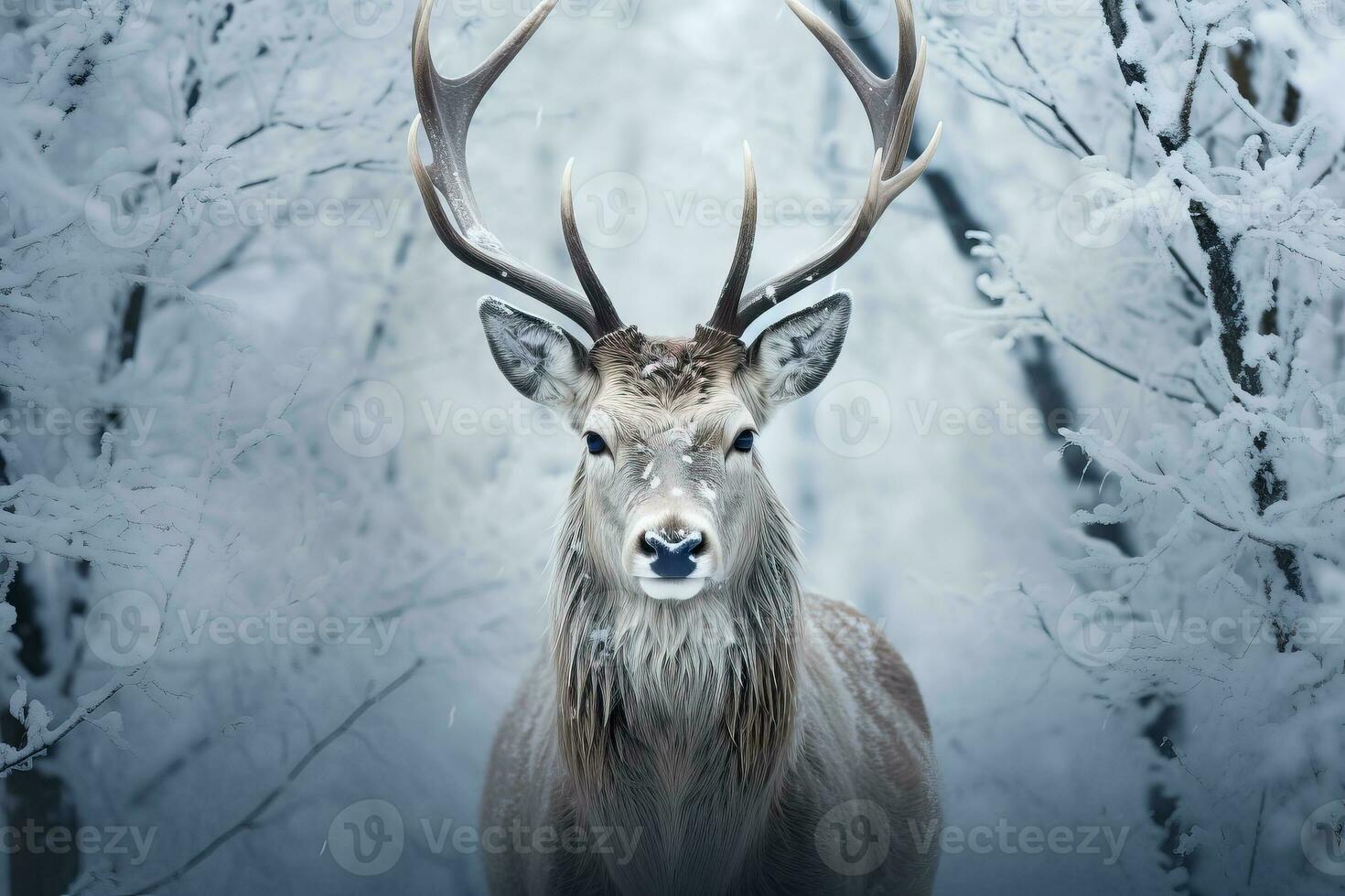 majestätisk ren Utsmyckad med vibrerande horn skapa en fängslande låg lättnad mot ren snöig vit bakgrunder foto