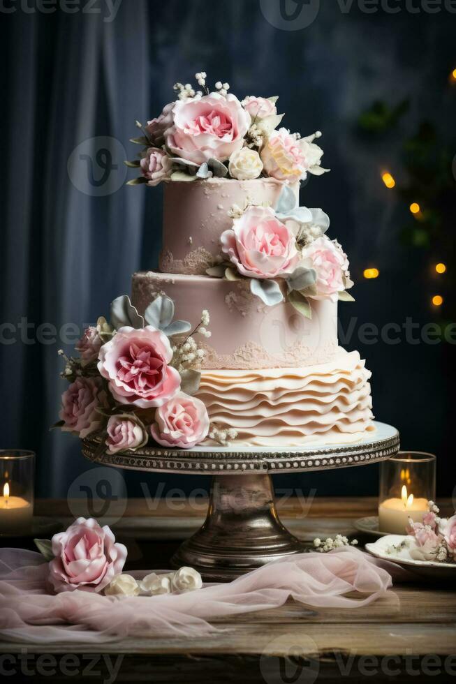elegant tre nivåer bröllop kaka design bakgrund med tömma Plats för text foto