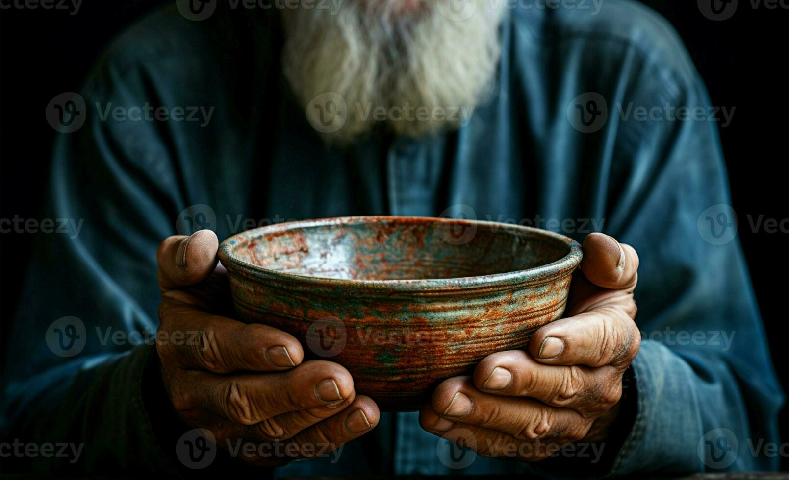 tömma skål hölls förbi äldre händer, symboliserar de skarp verklighet av hunger ai genererad foto