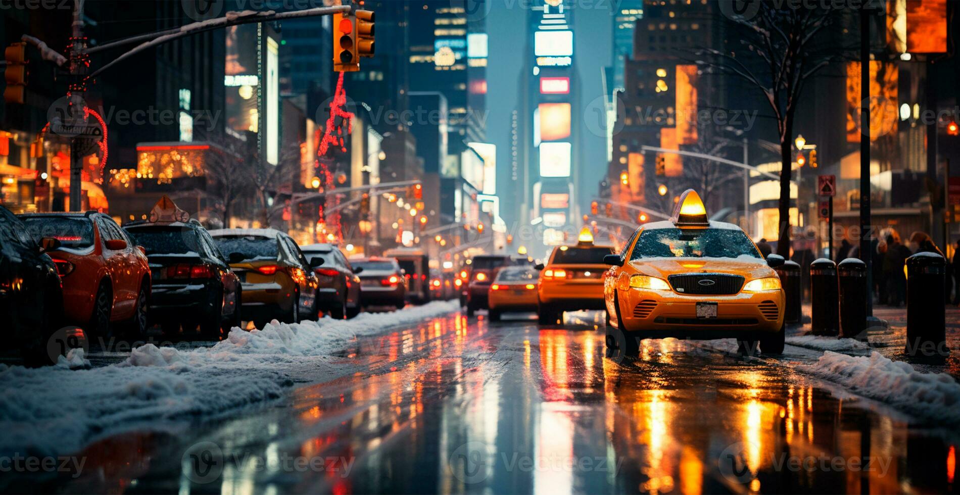 natt snöig jul amerikan stad ny york, ny år Semester, suddig bakgrund - ai genererad bild foto