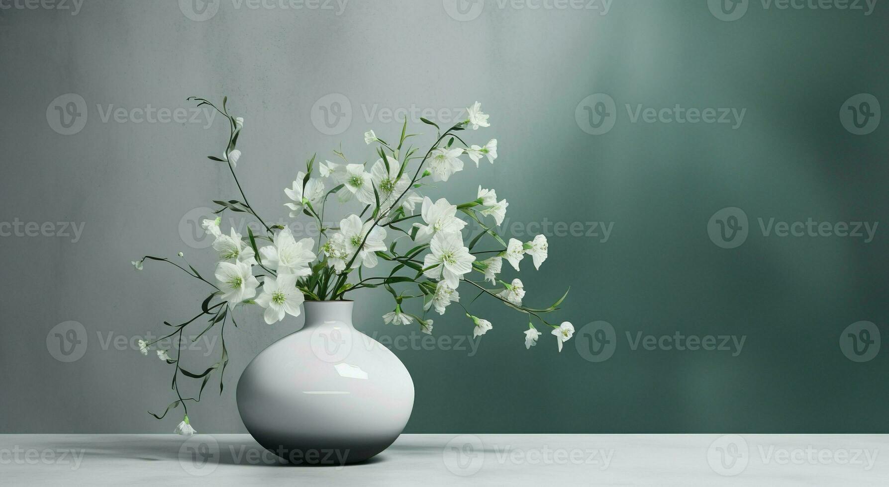 vit keramisk vas med blomning blommor grenar i solljus från fönster på smaragd- grå vägg, skugga på vit golv för dekoration, lyx kosmetisk, hudvård skönhet produkt bakgrund, ai generativ foto