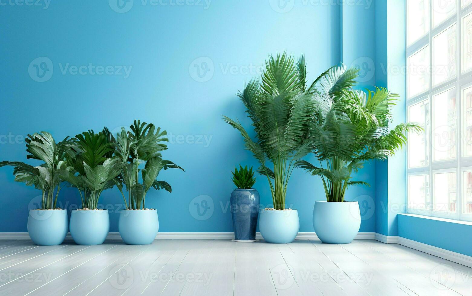 de inomhus- inlagd växter dekoration i modern rum med en trä- golv och blå vägg. ai generativ foto