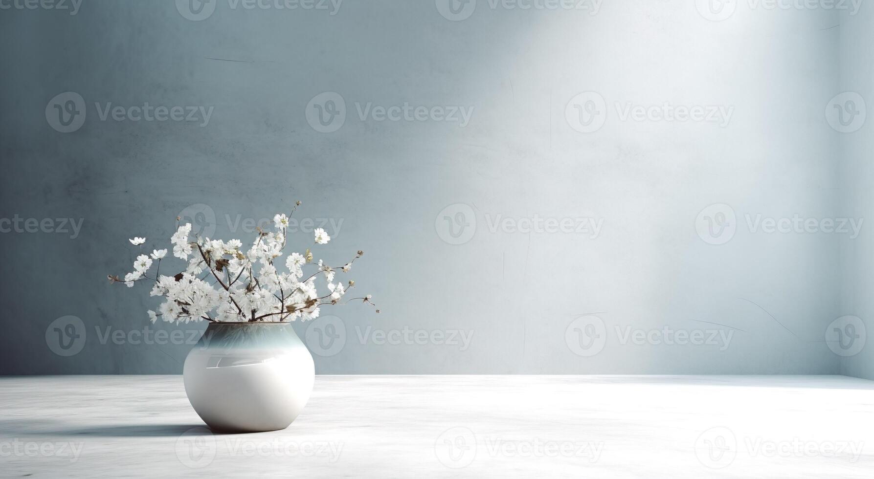 vit keramisk vas med blomning blommor i solljus från fönster på pastell blå vägg, skugga på vit golv för dekoration, lyx kosmetisk, hudvård, skönhet produkt bakgrund, ai generativ foto