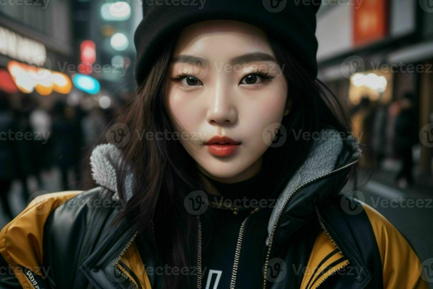 porträtt av en kvinna i streetwear på de gata. proffs Foto