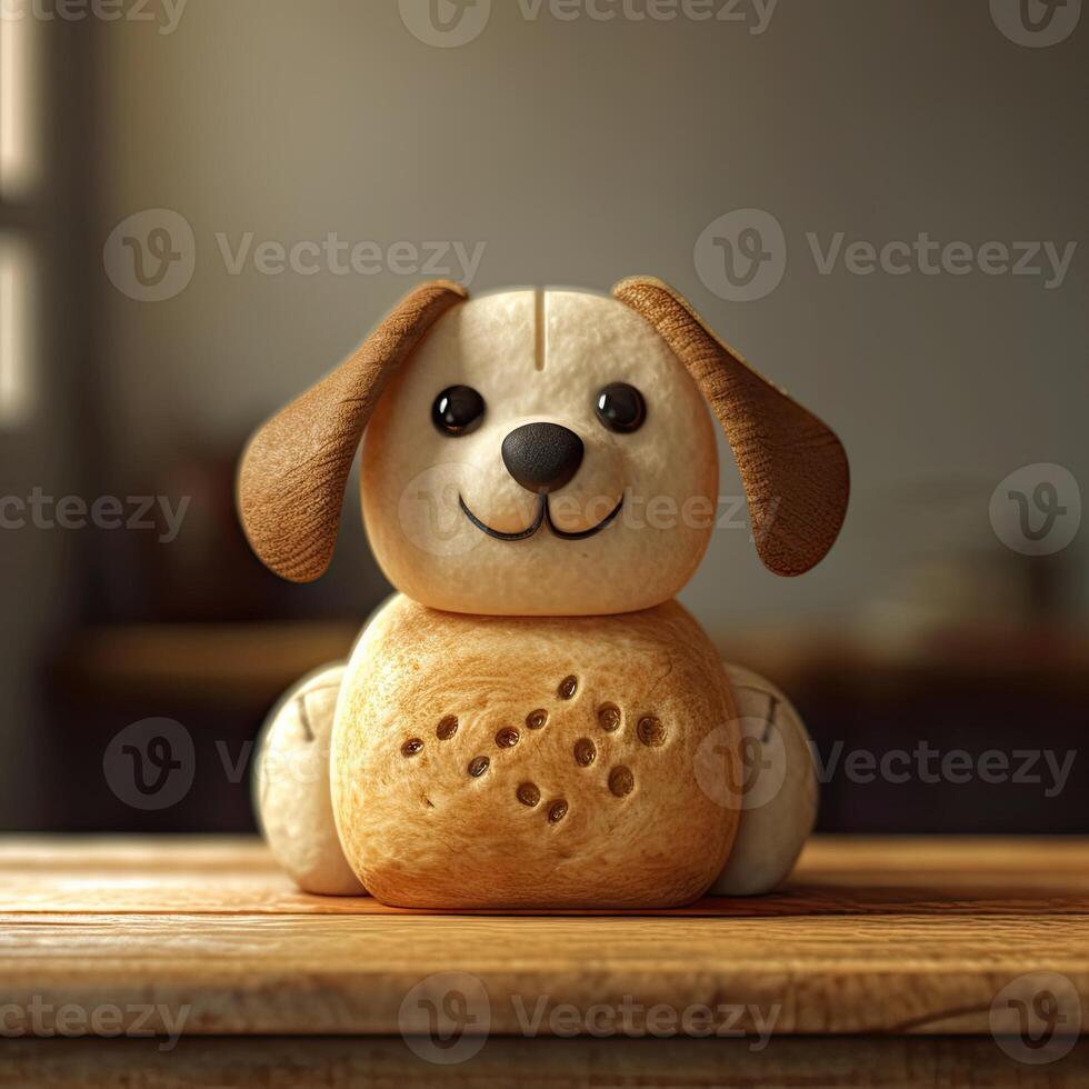 små hund tillverkad av bröd Sammanträde på topp av trä- tabell ai generativ foto