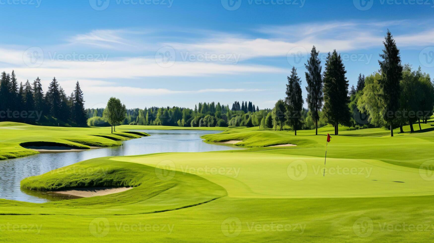 fira de strålnings skönhet av en väl underhållen golf kurs under en drömmande himmel ai generativ foto