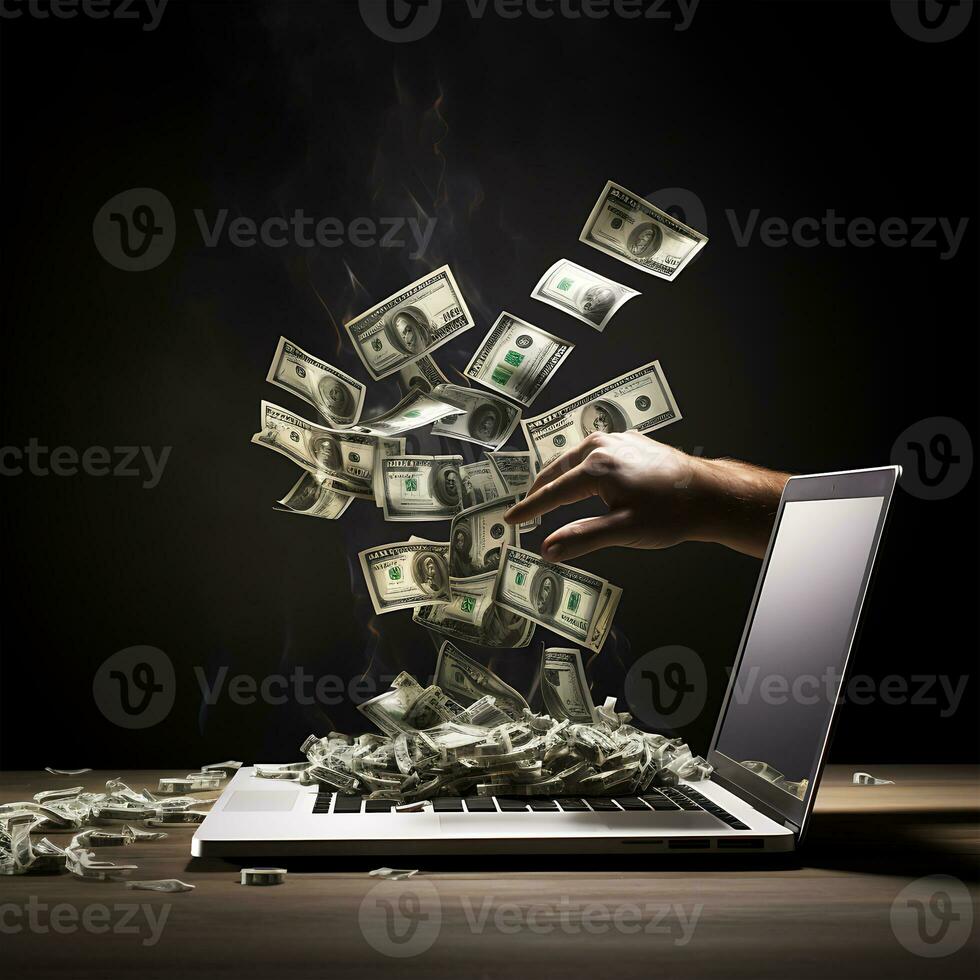 en man arbetssätt bärbar dator med en hand dollar med många stackar av pengar foto