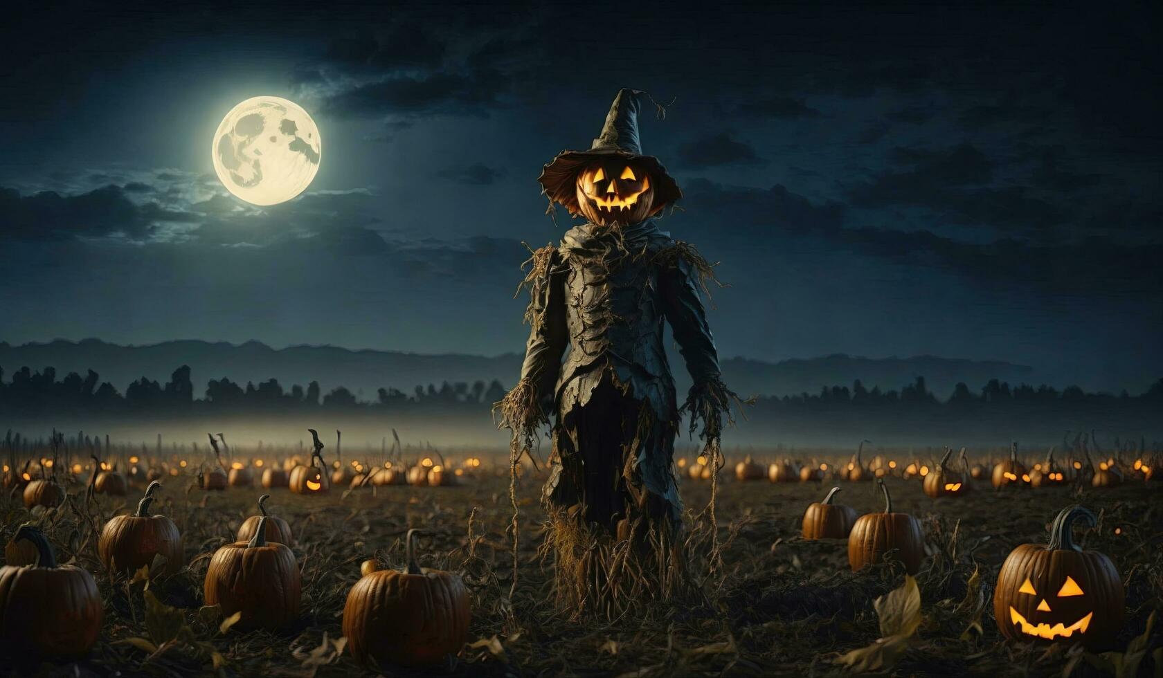 halloween pumpa scarecrow på en bred fält med de måne. ai generativ. foto