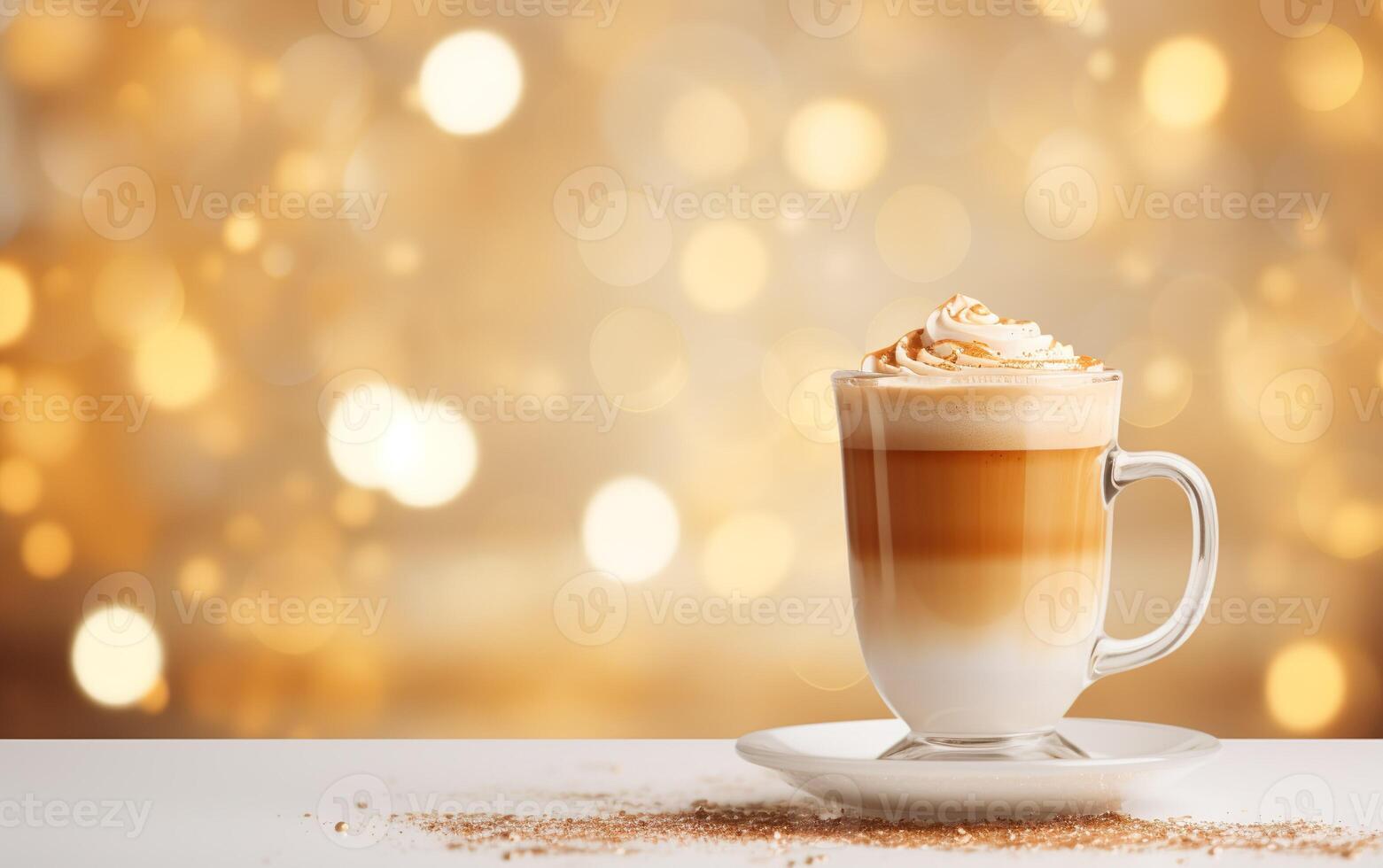 kopp av latte med kanel och vispad grädde på en vit tallrik, suddig gnistrande guld bakgrund med skön bokeh, festlig atmosfär, kanel pulver och glitter på de tabell. ai generativ foto