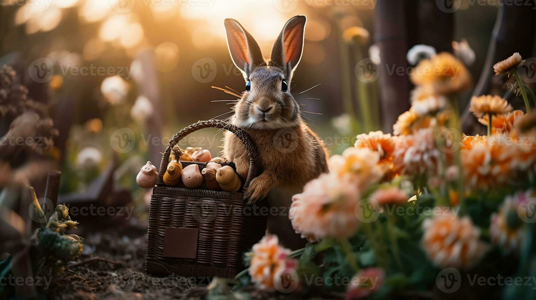påsk kanin med en korg av ägg. Lycklig påsk kanin på en kort på deras hind ben med blommor på solnedgång. generativ ai foto