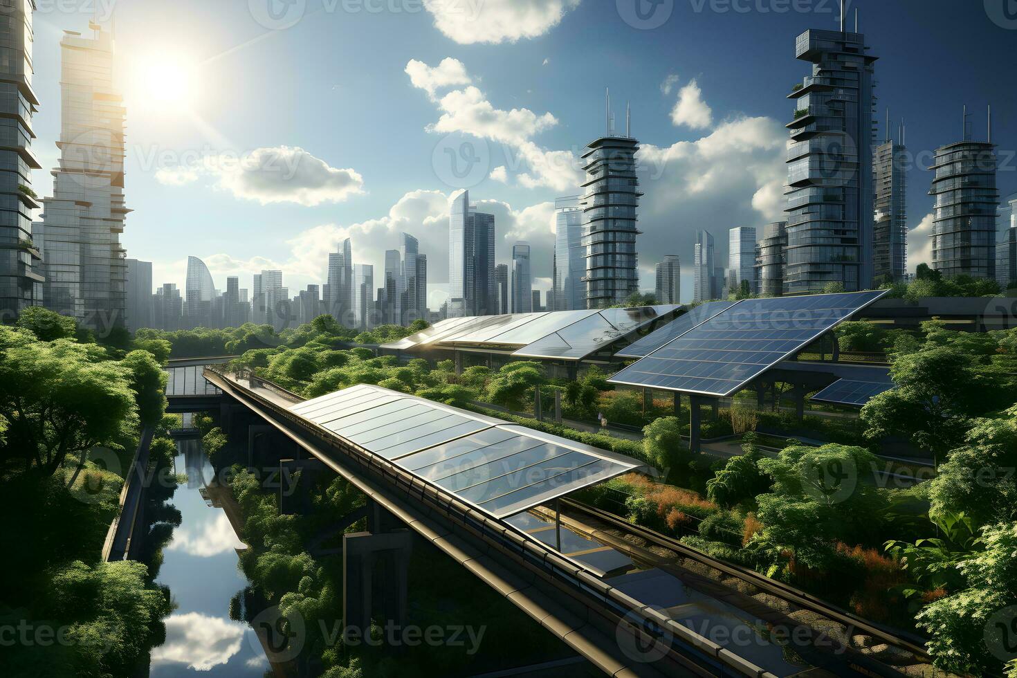 sol- paneler på en tak i de stad. grön taket trädgård med förnybar sol- cell systemet. ekologi och eco grön energi, grön stad, spara skydd värld begrepp. generativ ai foto