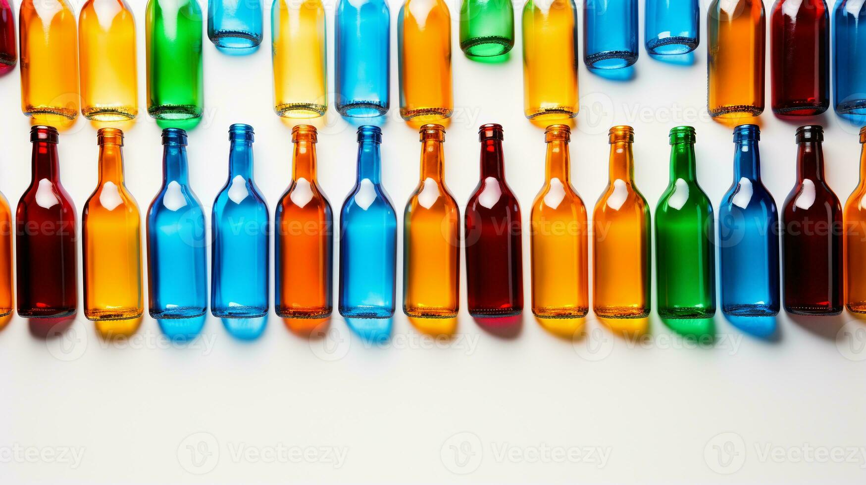 spektrum av kreativitet - vibrerande glas flaskor på en vit bakgrund med riklig Plats för text ai generativ foto