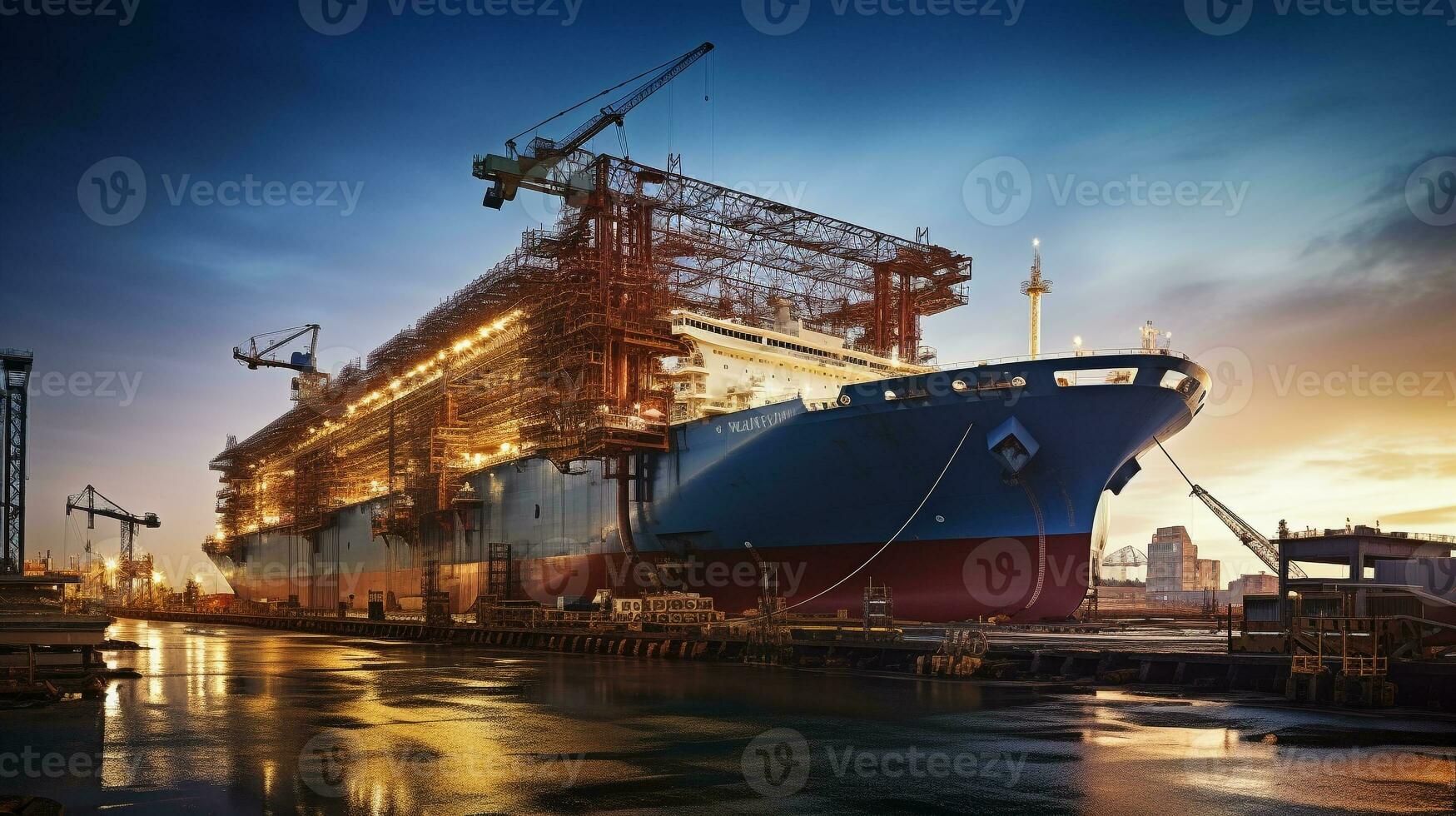 skymning fånga av en massiv frakt fartyg under konstruktion i torr docka ai generativ foto