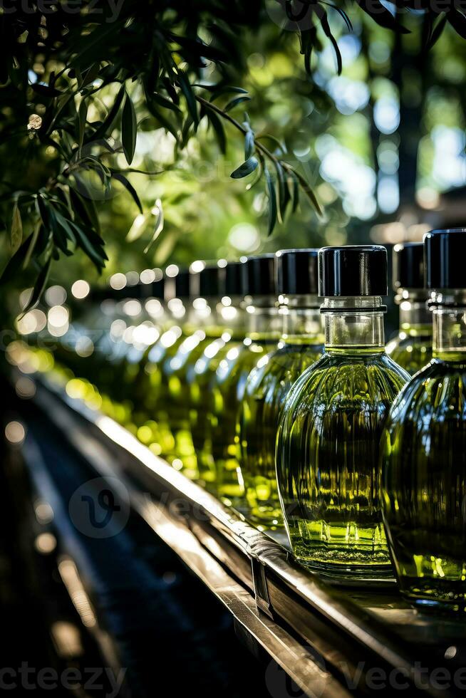 traditionell oliv olja tappning linje mitt i frodig grön oliv lundar foto
