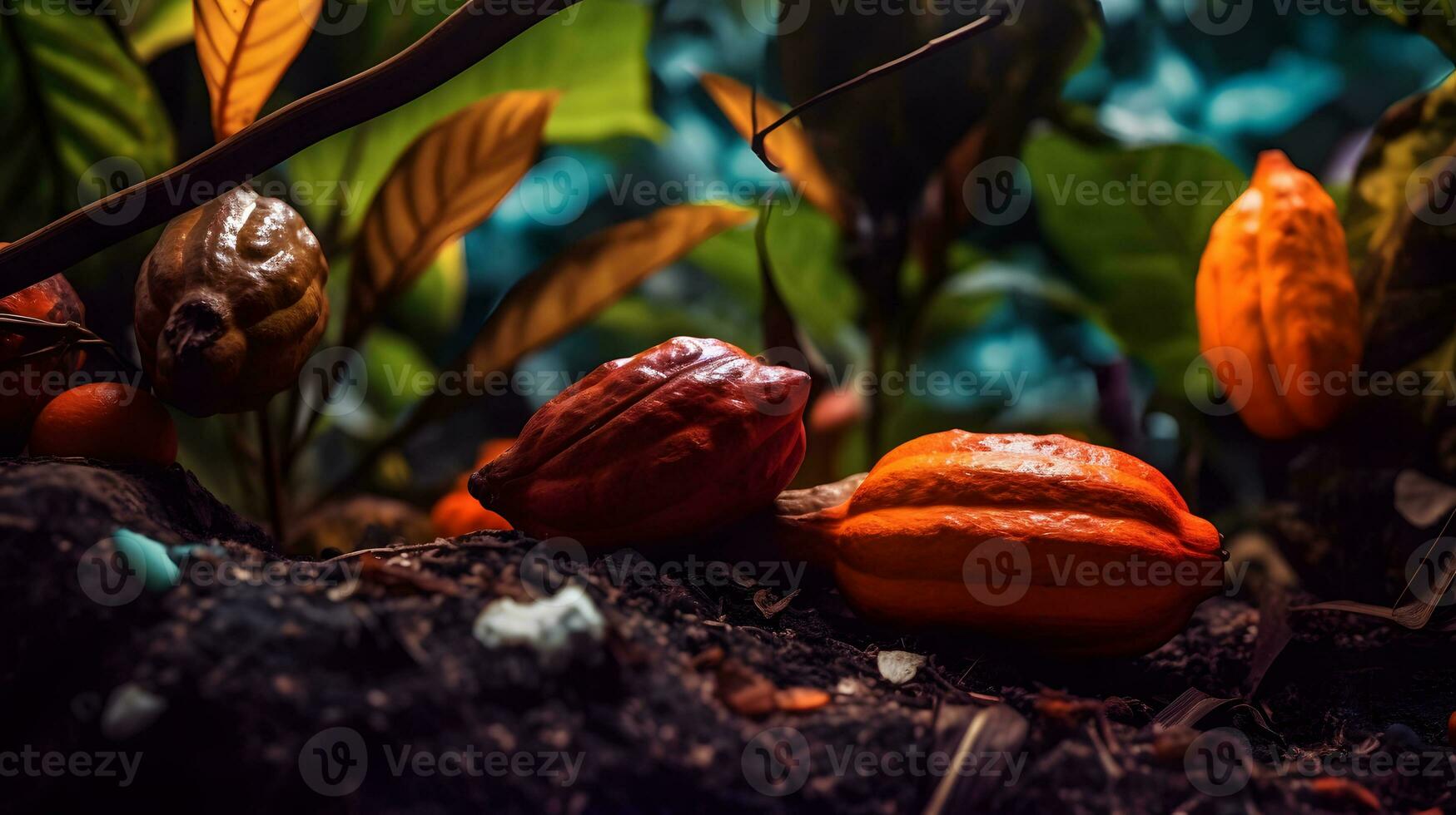 kakao frukter, kakao skida på en mörk bakgrund foto