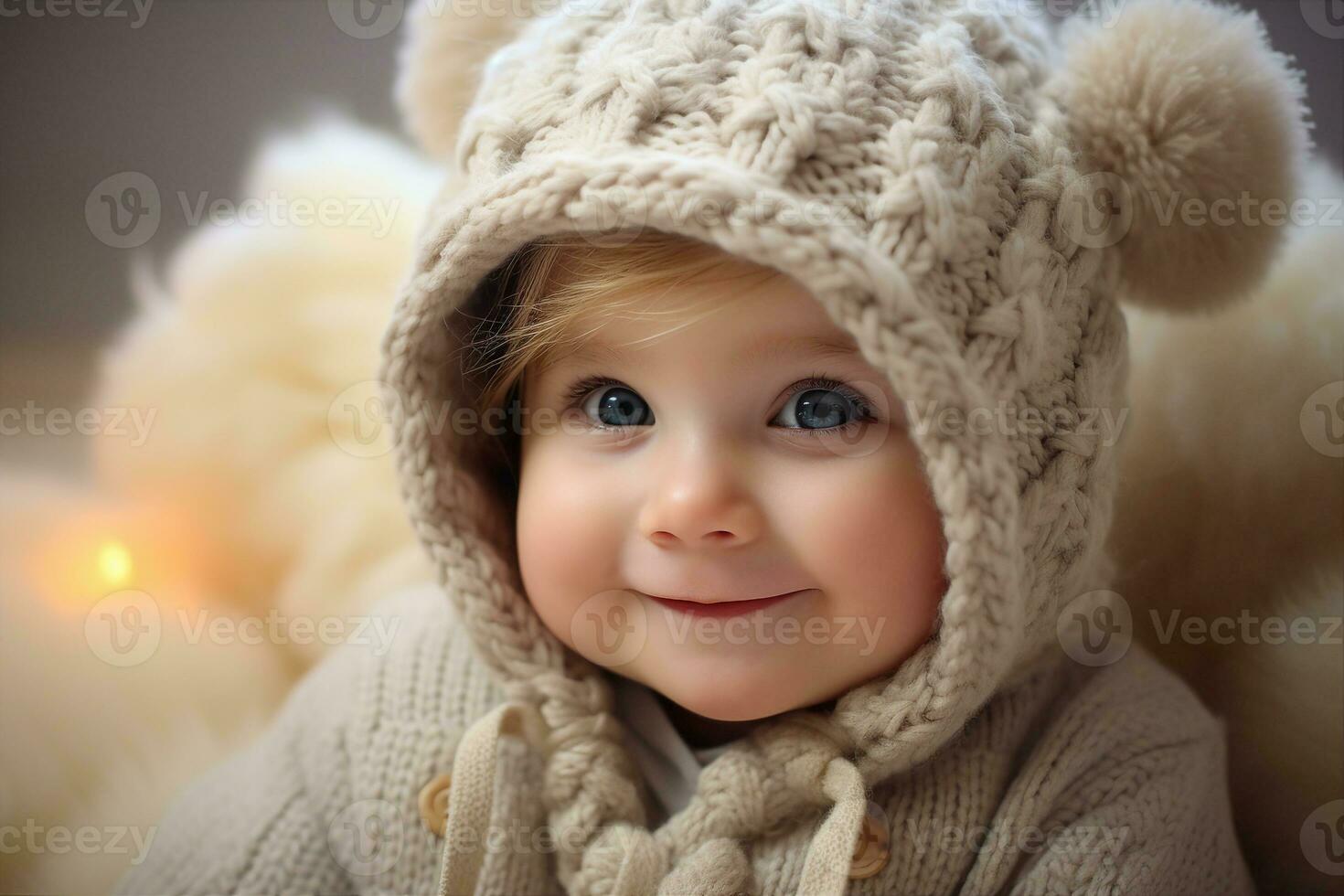 ett förtjusande bebis bär en stor tjock sticka hatt, rosig kinder, försiktigt leende, mjuk naturlig belysning. ai genererad. foto