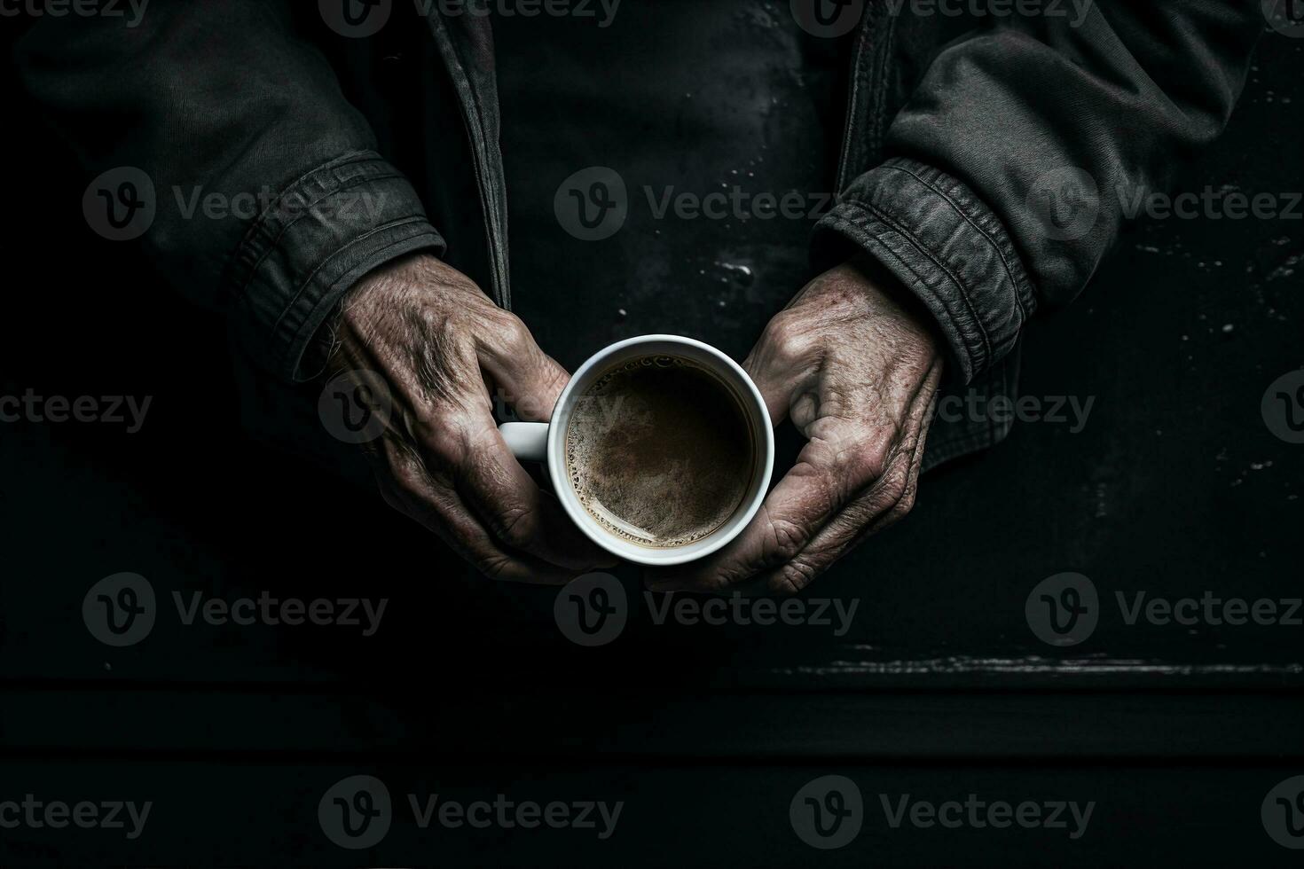 en hemlös man innehav en kopp av kaffe i hans händer. sett från ovan, dramatisk svart och vit sammansättning. ai genererad. foto