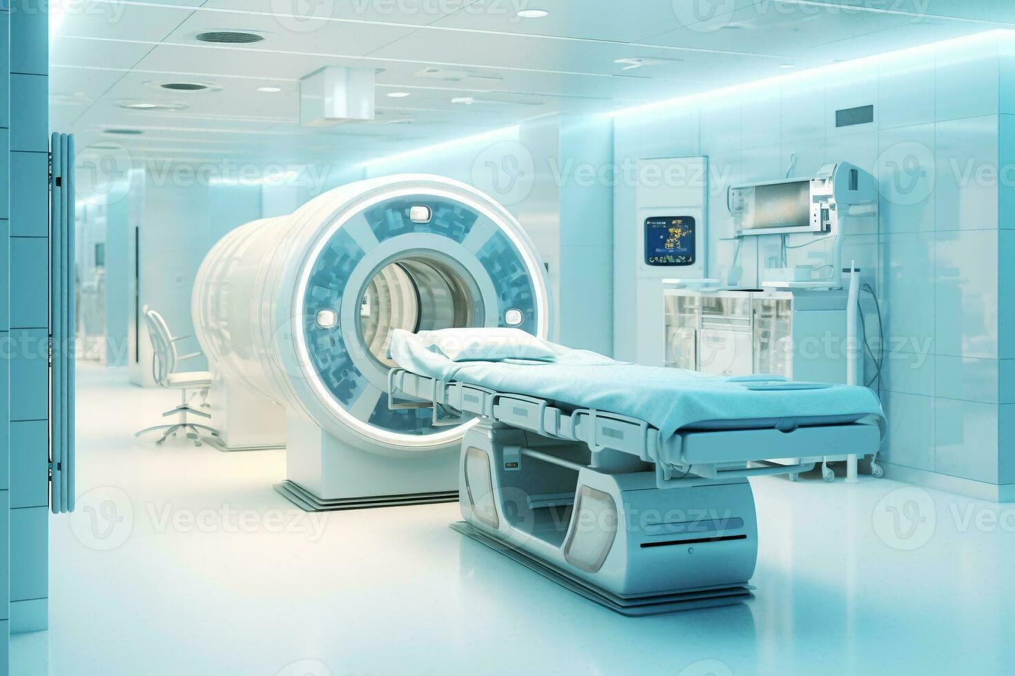 modern mri - magnetisk resonans avbildning - scanner maskin i sjukhus rum. labb med mri skanna maskin. sjukvård och medicinsk begrepp. generativ ai. foto