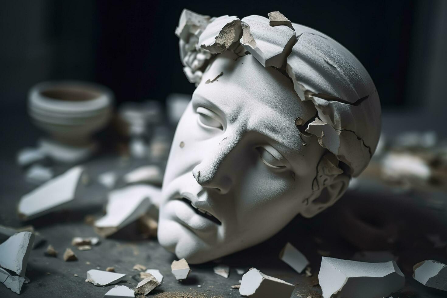 bruten gammal grekisk staty huvud faller i bitar. bruten marmor skulptur, krackning sätta dit, begrepp av depression, minne förlust, mentalitet förlust eller sjukdom. ai generativ foto
