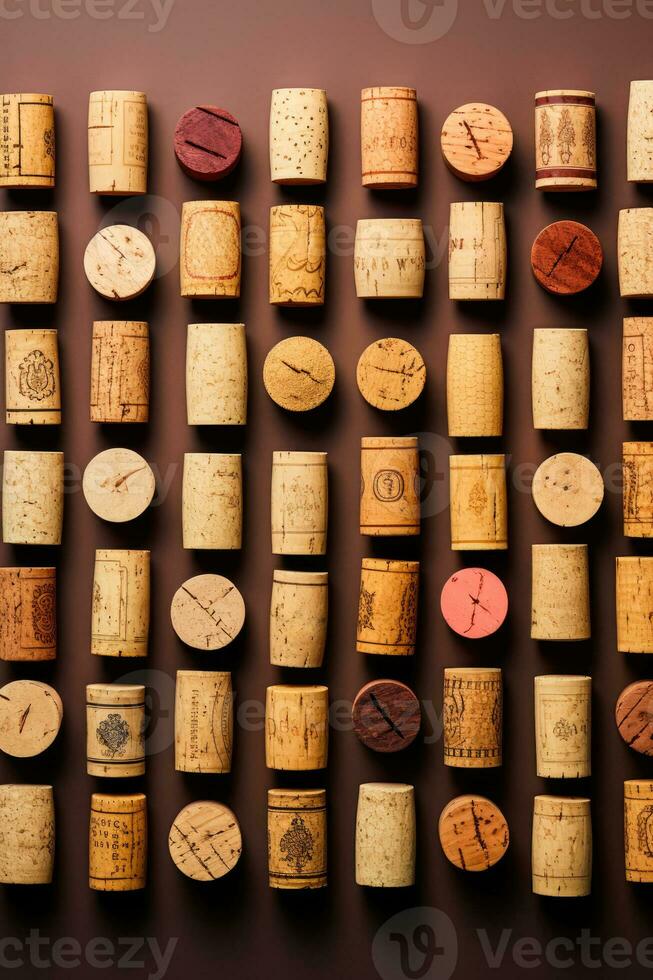 en samling av årgång vin korkar visas ordentligt isolerat på en lutning bakgrund foto