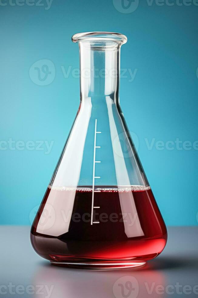 en laboratorium flaska som innehåller röd vin för testning isolerat på en lutning bakgrund foto