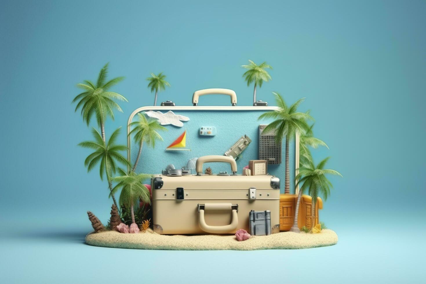 kreativ sommar strand sammansättning i resväska på blå bakgrund, en resa begrepp aning i 3d tolkning. ai generativ foto