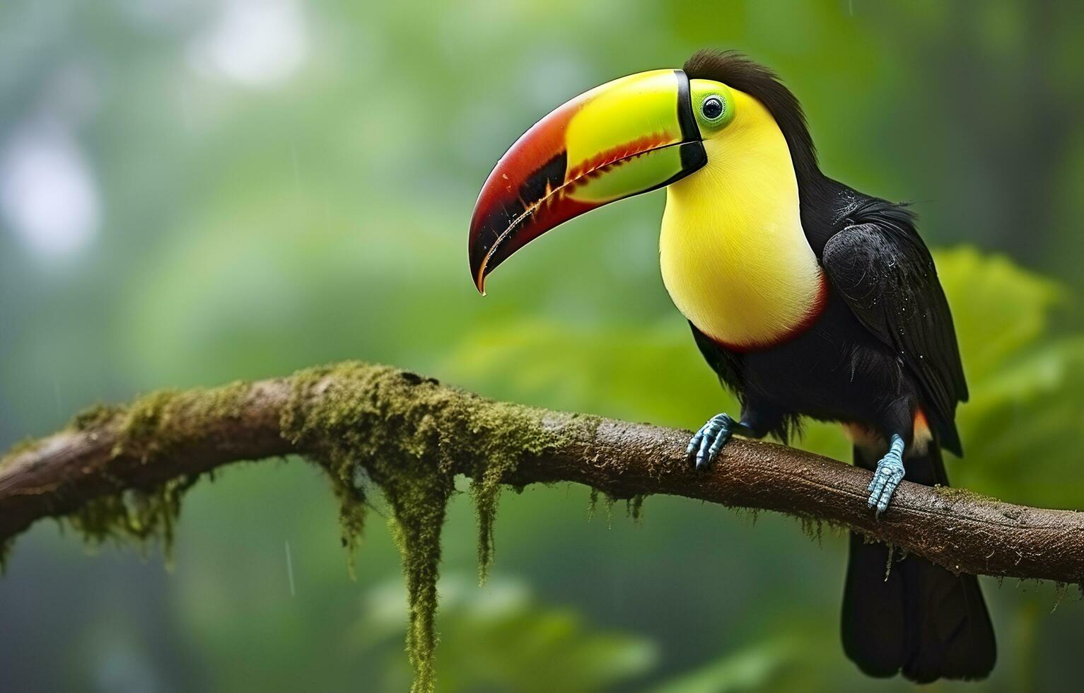 kastanj underkäken toucan Sammanträde på de gren i tropisk regn med en grön djungel. generativ ai foto