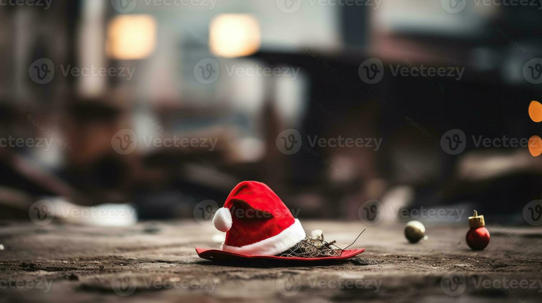 santa claus hatt stående på en mörk brun bakgrund. med Plats för text. jul. ny år. generativ ai foto