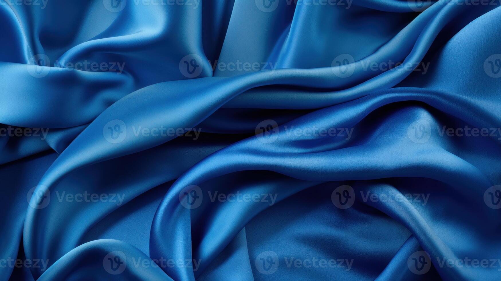 en blå silke trasa är draperad över en tabell med mjuk ljus på Det, mörk blå tyg material bakgrund, generativ ai foto
