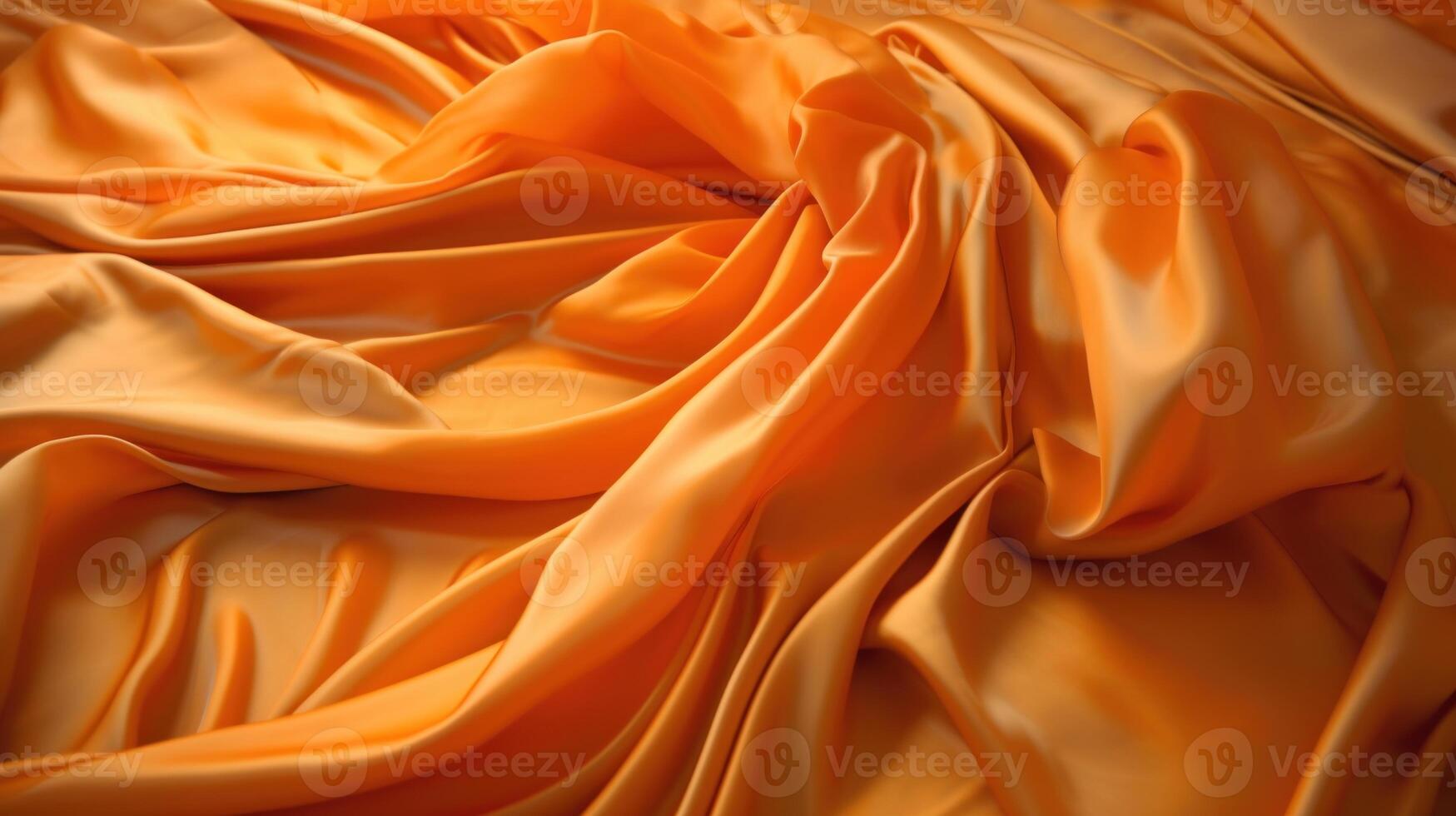 en orange silke trasa är draperad över en tabell med mjuk ljus på Det, orange tyg material bakgrund. generativ ai foto