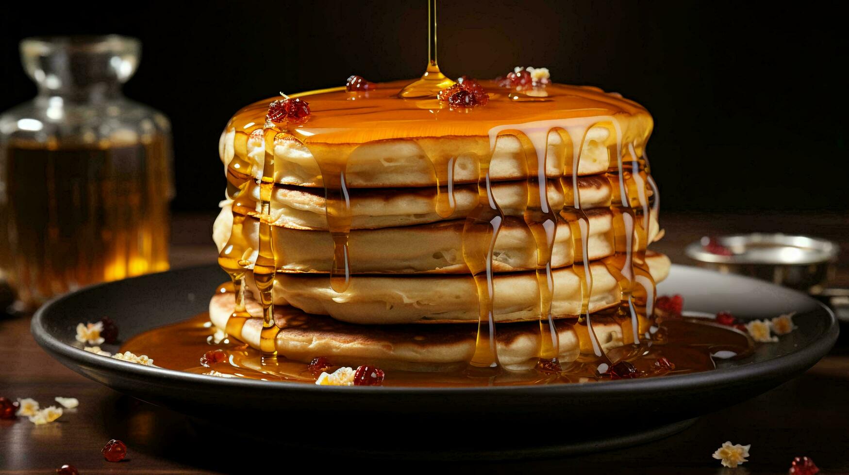 utsökt pannkakor för frukost med honung och bär. ai genererad foto