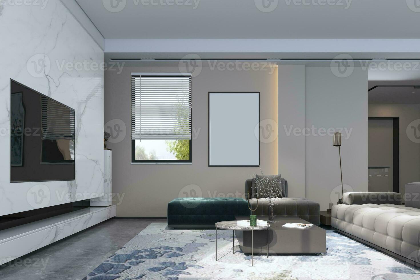eleganta levande rum interiör design med soffa och tv, vägg målning, konstverk Hem planen 3d tolkning foto