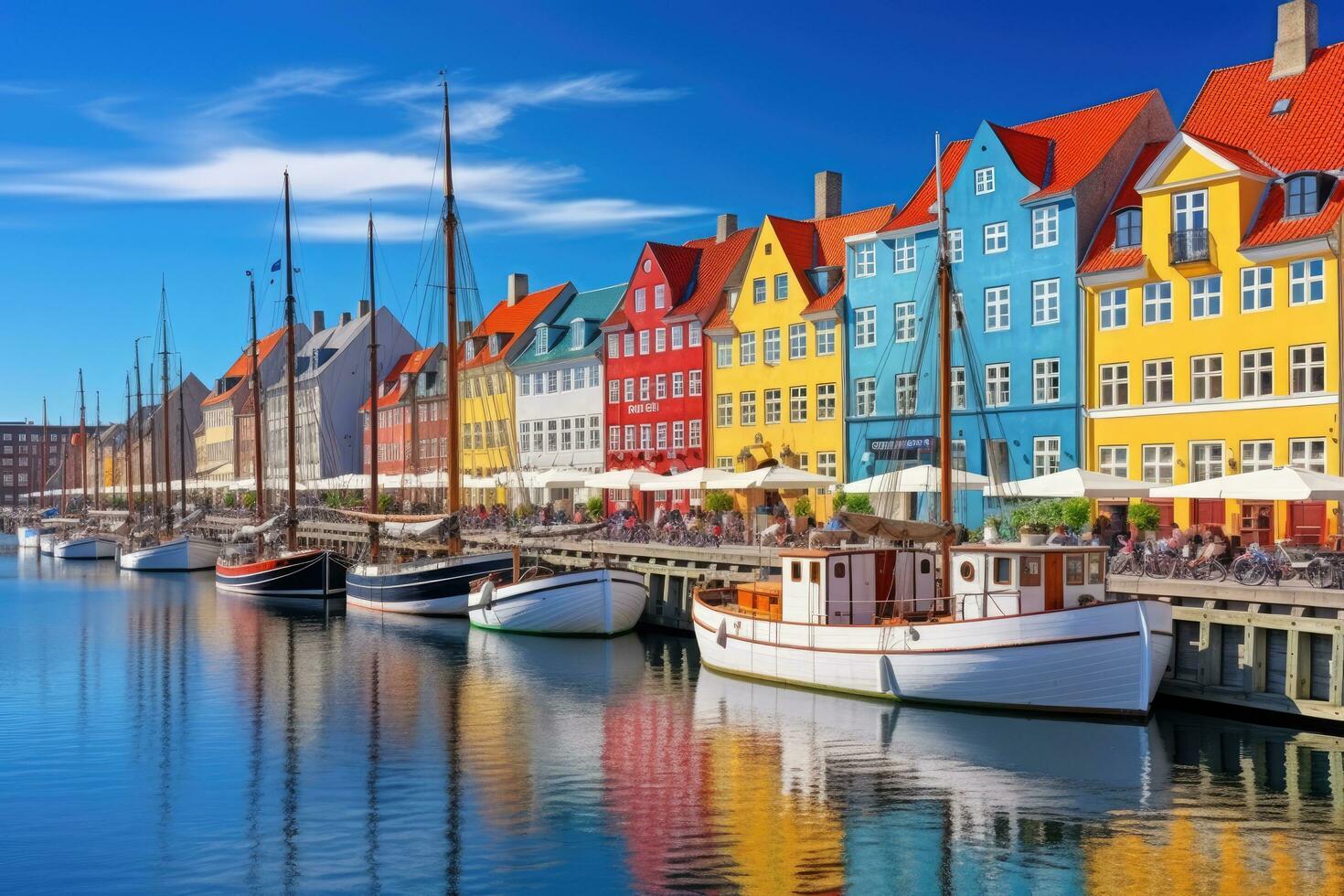färgrik hus i nyhavn hamn, köpenhamn, Danmark, Fantastisk historisk stad Centrum. nyhavn ny hamn kanal och underhållning distrikt i köpenhamn, ai genererad foto